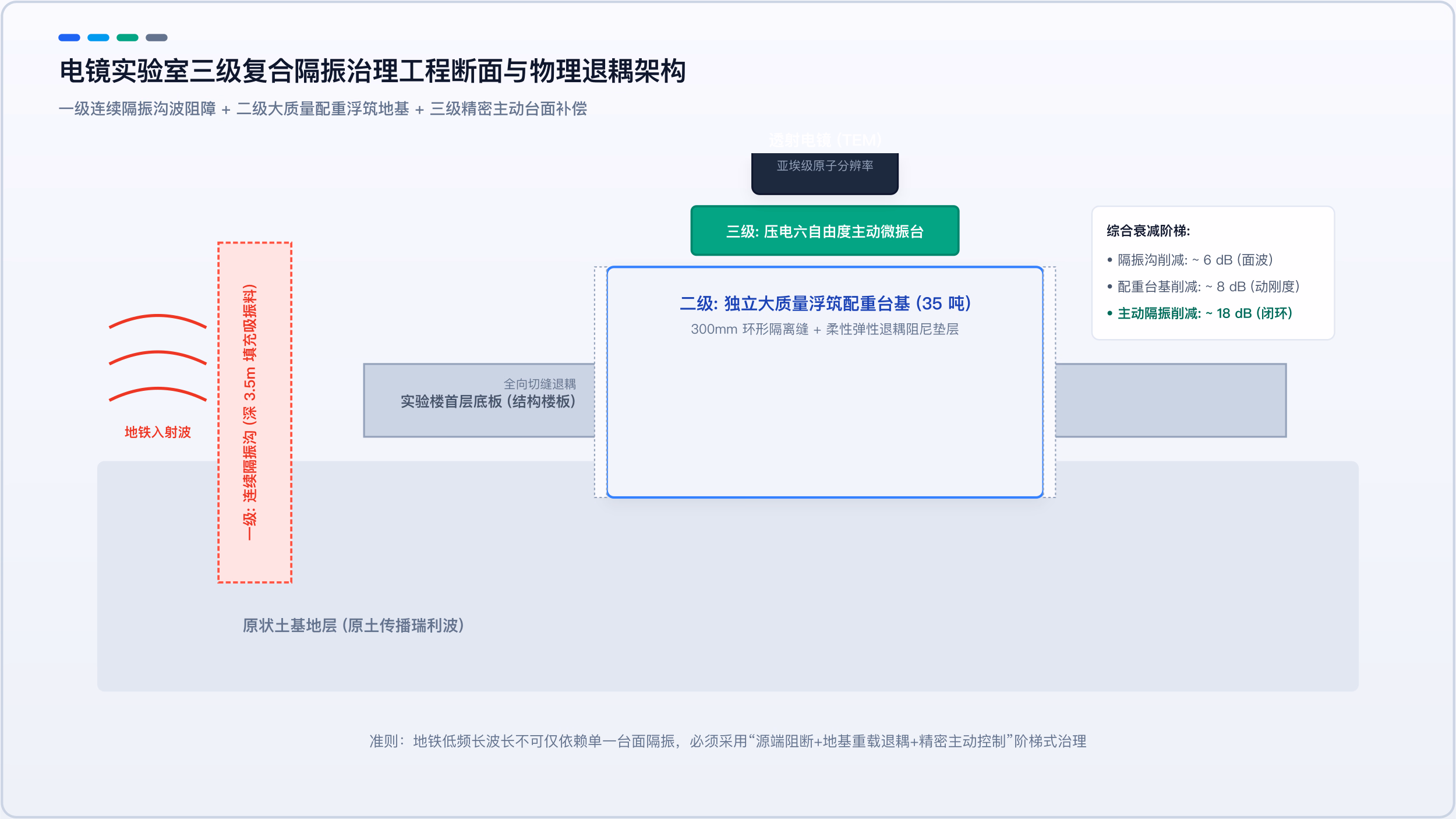电镜实验室三级复合隔振治理工程断面与物理退耦架构